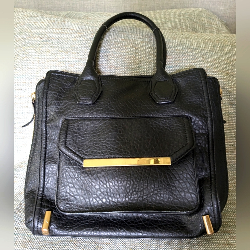 ALDO Black Leather Textured Finish Leather Side Zip Shoulder Bag